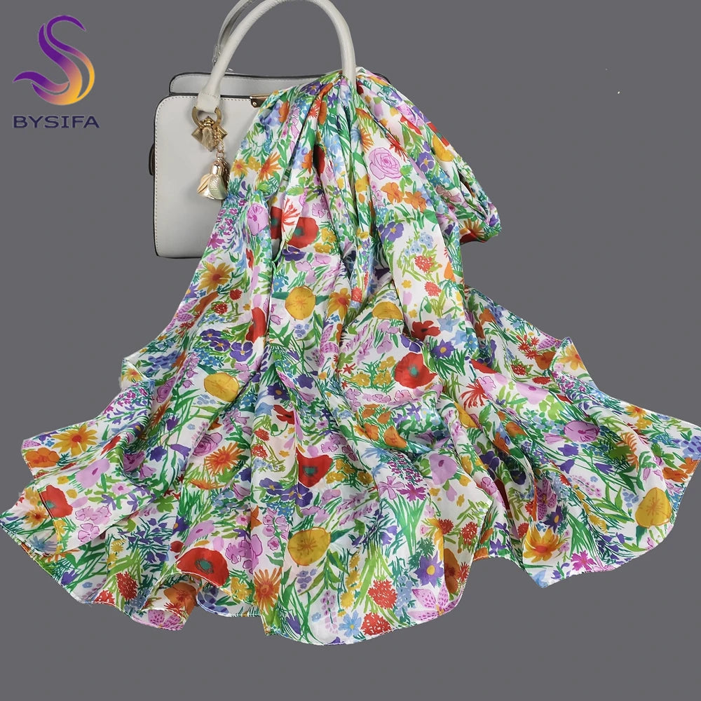 BYSIFA| Ultralarge Spring Fall 100% Mulberry Silk Scarf Beach Wrap Brand Female Long Scarves New Red Floral Silk Scarf Shawl