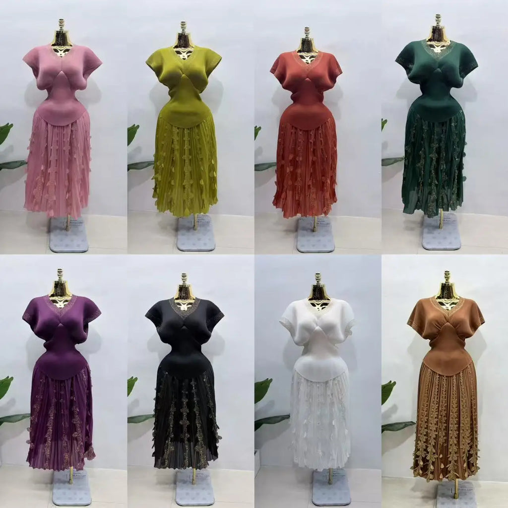 2026 Spring and Summer Retro High Waist and Thin Bronzing Suit  V-neck Bat Sleeve Versatile T-shirt Skirt Two-piece Suit Women