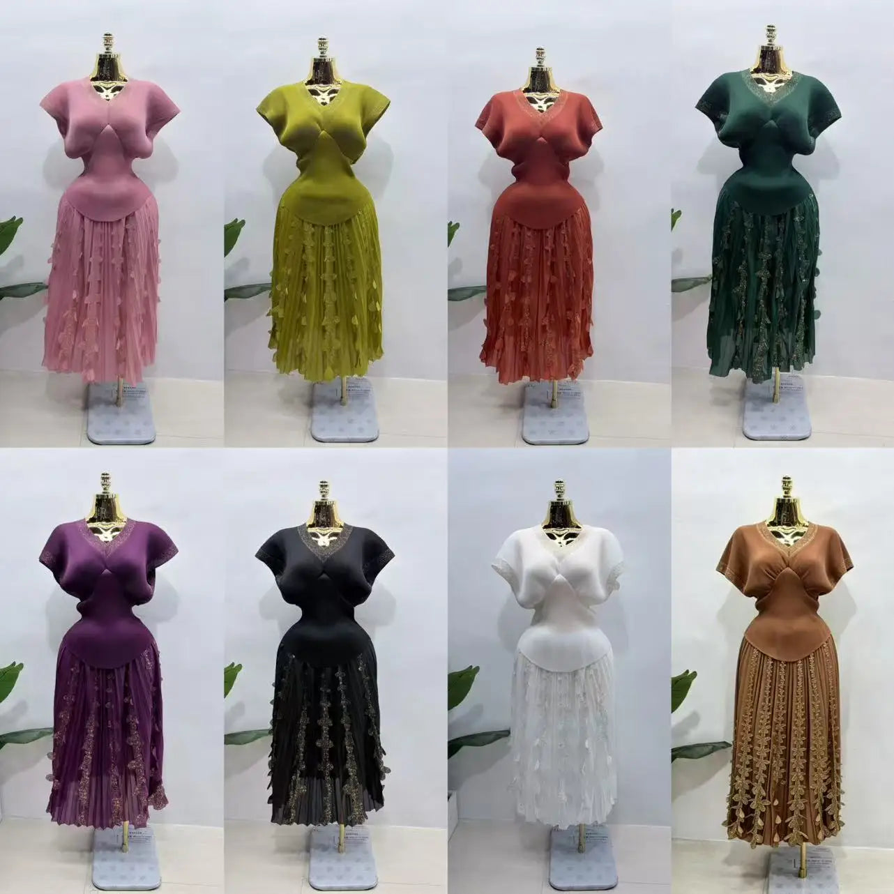 2026 Spring and Summer Retro High Waist and Thin Bronzing Suit  V-neck Bat Sleeve Versatile T-shirt Skirt Two-piece Suit Women