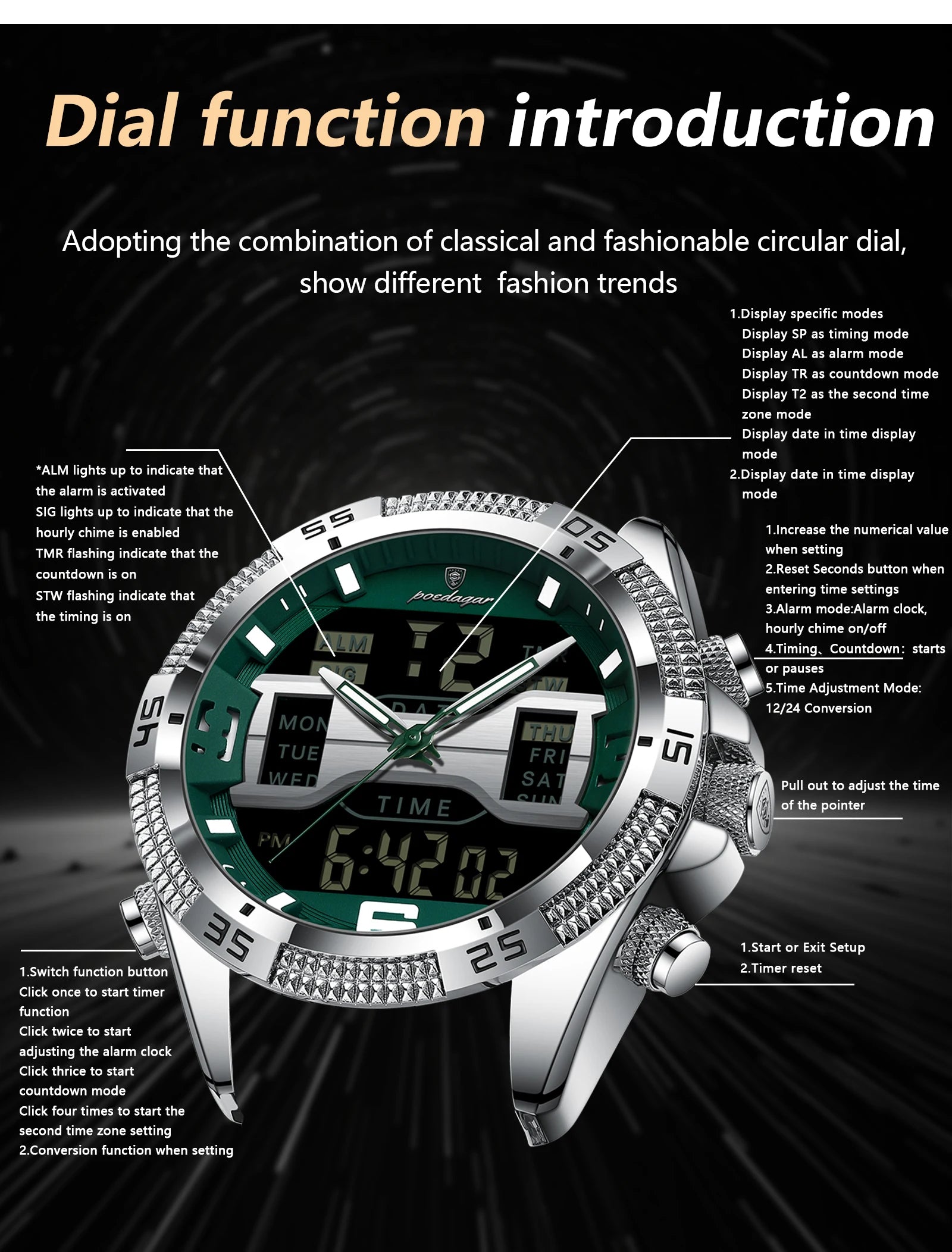 POEDAGAR LED Luxury Men Watch Sports Dual Time Display Digital Luminous Week Date Man Wristwatch Electronic Quartz Men's Watches