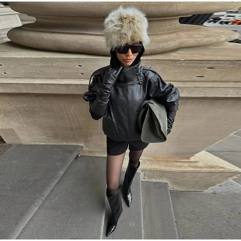 High Street Leather Jackets Women's Casual Double-breasted Turn Down Collar Loose Coats Elastic Waist 2026 Autumn New Outwear