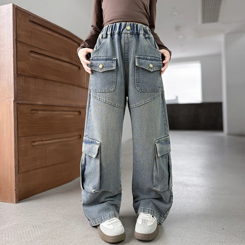 Elegant Fashion Kids Children Cargo Jeans Pants with Multi Pocket for Teenage Girls Loose Straight Casual Denim Trousers 5-14 Y