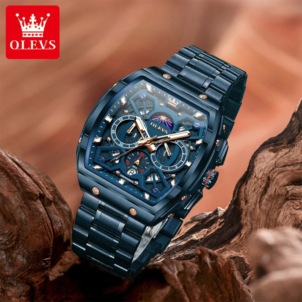 OLEVS 2942 New Mens Watch Tonneau Quartz Watch Stainless Steel Waterproof Sports Moon Phase Date Watches For Man Original Reloj