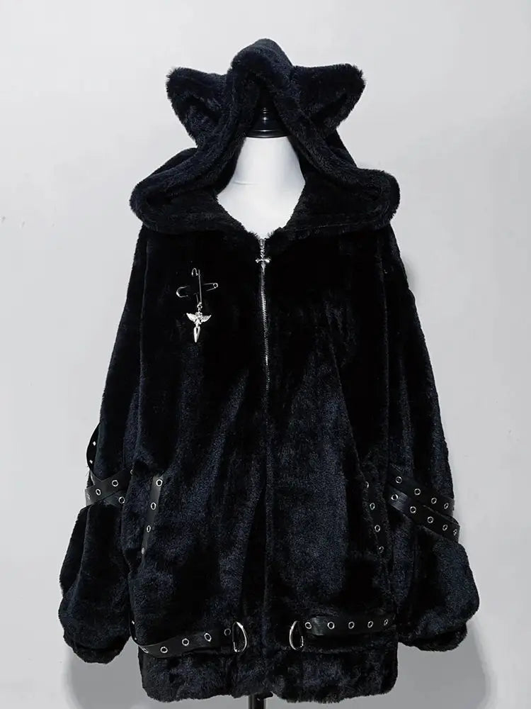 Subculture Harajuku Vintage Safari Coats with Hooded Women Zipper Sweatshirts Casual Streetwear Grunge Jacket Y2k Stand Neck