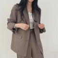 2026 Female Solid Color Blazer 2PCS Autumn Women Lapel Tops High Waist Outfit Korean Ladies Long Sleeves Suit Wide Leg Pants
