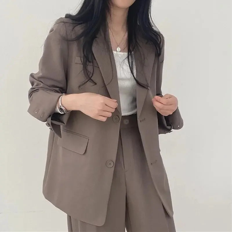 2026 Female Solid Color Blazer 2PCS Autumn Women Lapel Tops High Waist Outfit Korean Ladies Long Sleeves Suit Wide Leg Pants