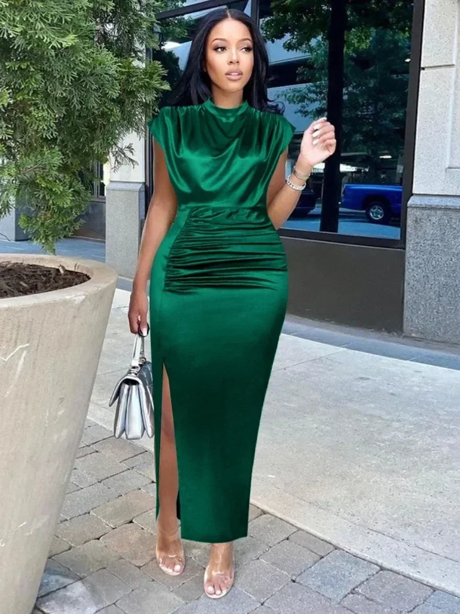 Customized Customized European and American Women's New Colored Satin Zipper Split High Grade Dress Long Floor Length Dress