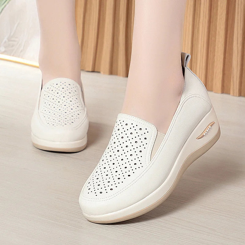 2024 Spring Soft Leather Thick Bottom Women Shoes Wedges Cutout Breathable Sneakers Platform Lightweight Mom Loafers