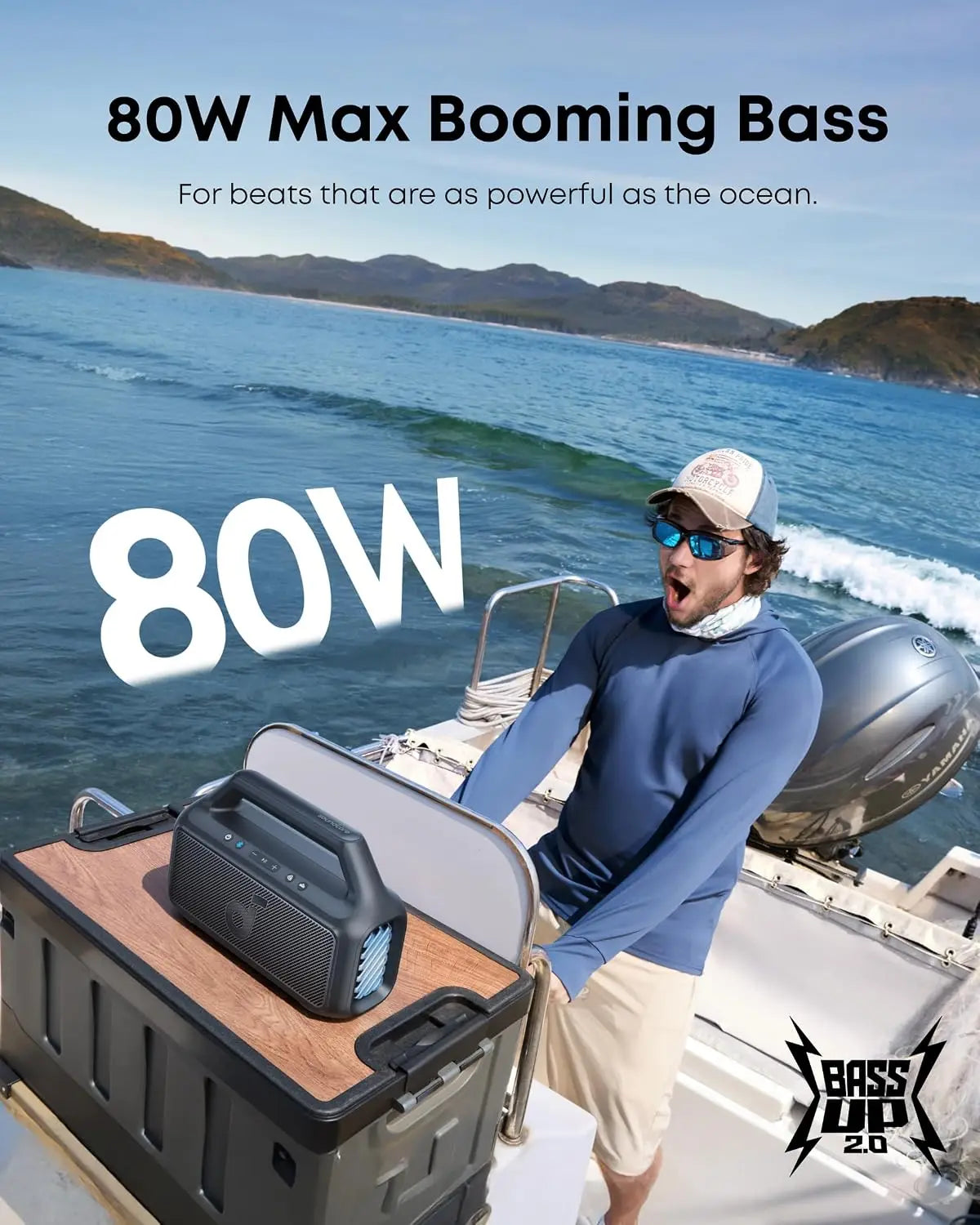 Boom 2 By Anker, Outdoor Speaker, 80W, Subwoofer, BassUp 2.0, 24H Playtime, IPX7 Waterproof, Floatable, RGB Lights, USB-C