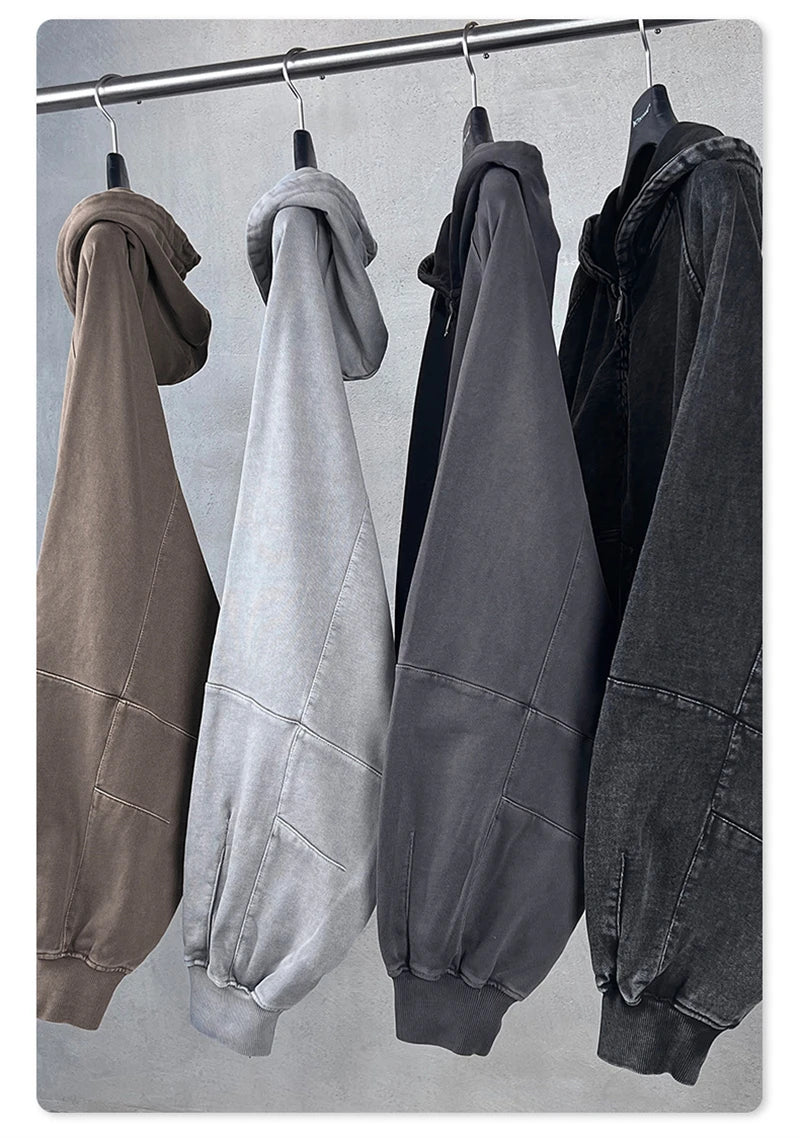 ZODF Heavy Wieght 480gsm Washed Cotton Boxy Zipper Hoodies For Man Unisex Retro Patchwork Off Shoulder Hooded Coats HY1152