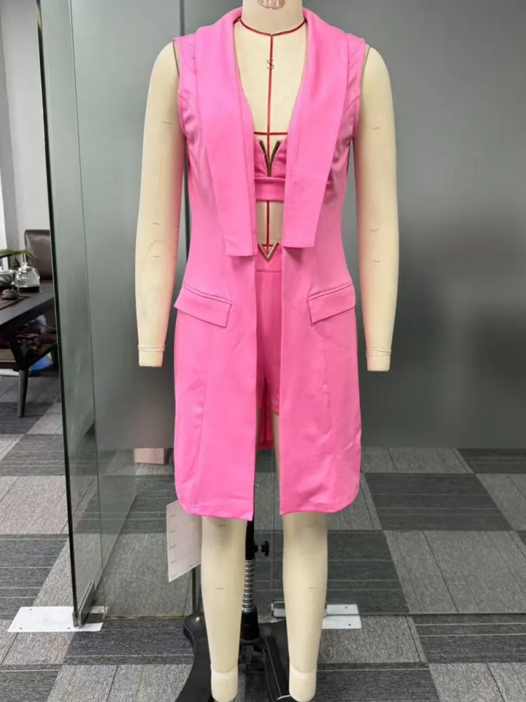 3 Pieces Set Sexy 2025 Summer Spring Fashion Women Set Female Tops Solid Sleeveless Blazers Tops And Shorts Suit Matching Outfit