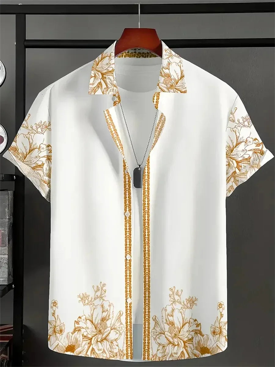 Men's Short-Sleeve Casual Loose-Fitting Lapel Hawaiian Shirt with Blue and White Porcelain Floral Print, New Summer Shirt