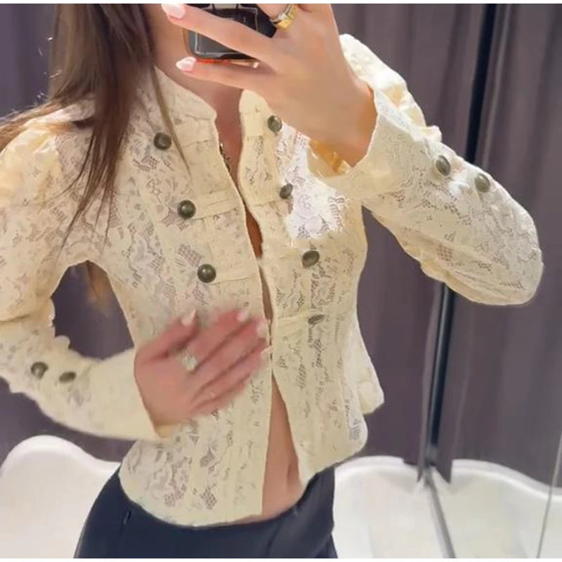 Solid Satin Lace V-Neck Puff Sleeve Blouse Curved Hem Slim Fit 2026 Summer Glam Women Satin Shirt Parisian Versatile Lady Blusa