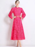 Solid Lace Holloe Out Slimming Elegant Dresses For Women Stand Collar Long Sleeve High Waist Minimalist Dress Female Fashion