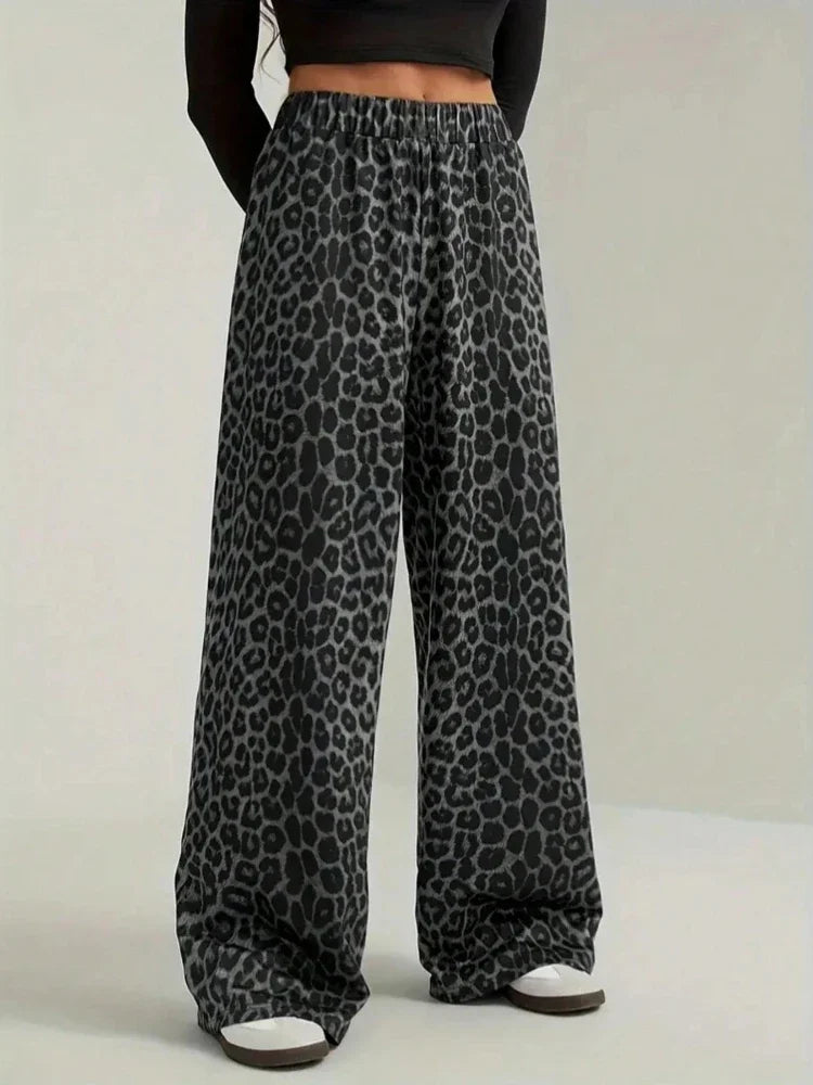 Fashion High Street Straight Casual Pants 2026 New Leopard Print Pants Women Elasticity High Waist Loose Wide Leg Pants Women