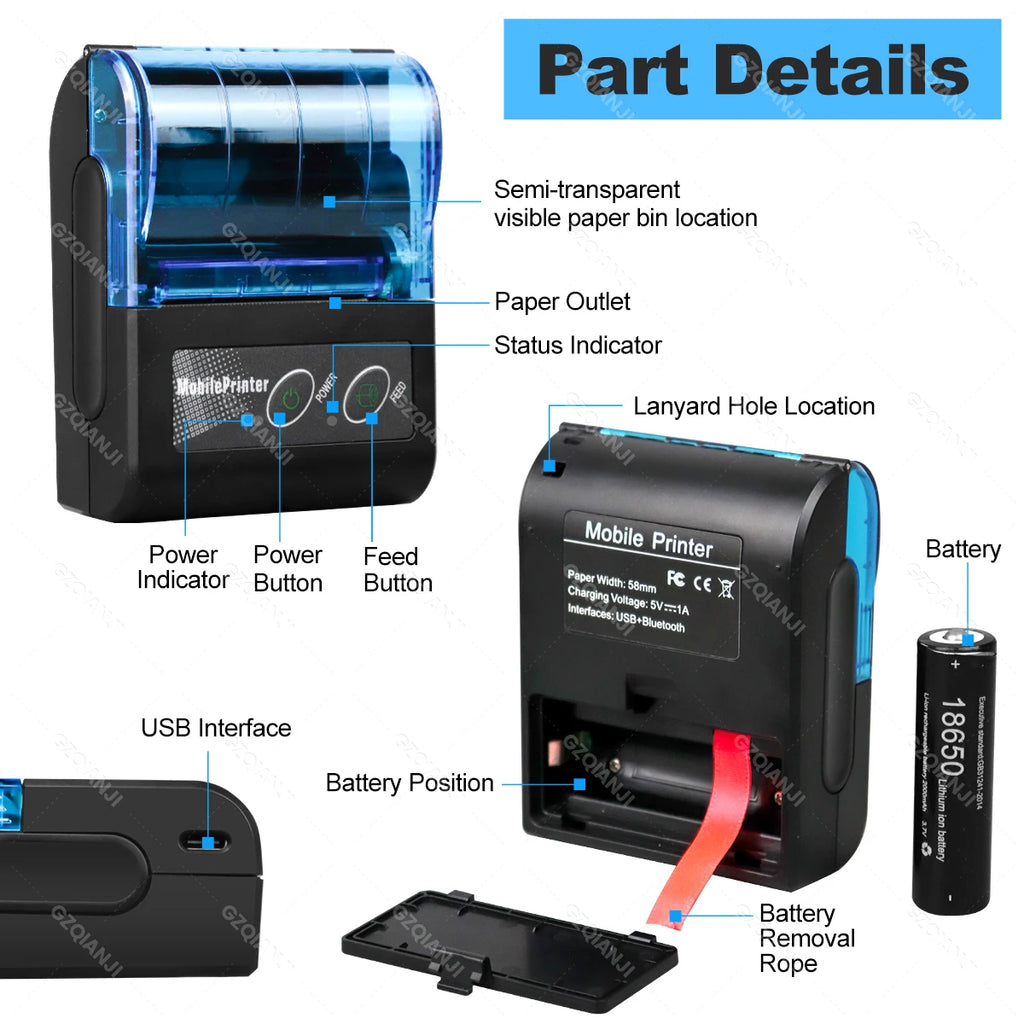 Mini Bluetooth Thermal Printer Wireless Protable 58mm Receipt Bill POS Printer Loyverse POS Free App on Android Small Business