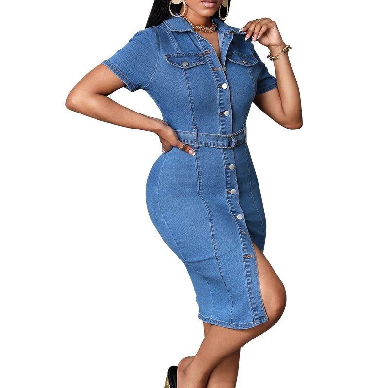 Streetwear Denim Dress Summer Clothes Women Turn Down Collar Short Sleeve Bodycon Midi Dresses Vintage Cowboy Jean Dress Vestido