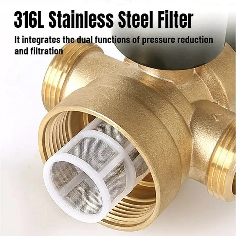 Tap Water Pressure Reducing Valve Adjustable Brass Double Union Pipe Water Purification with Gauge Filter Valve DN15/20/25/32