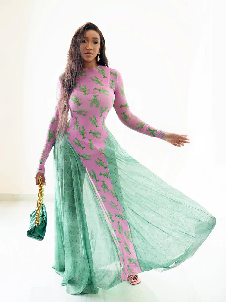 Sisterlinda Contrast Design Dress Women Crayfish Print o-Neck Full Sleeve Sexy See Through Hem Fall Ruched Elegant Long Bodycon