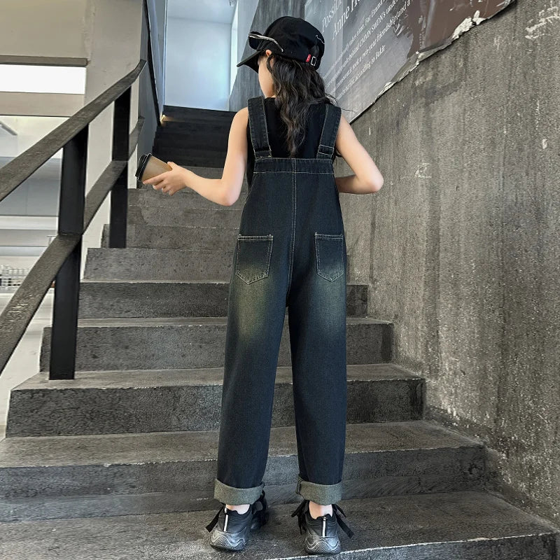 Elegant Children Jeans Jumpsuit with Broken Holes For Girls Fashion Overalls Streetwear Kids Denim Suspenders Pants With Strap
