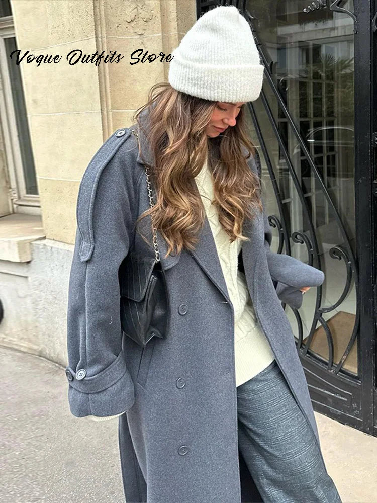 Chic Lace Up Woolen Long Trench Coat Women Gray Double Breasted Lapel Full Sleeve Pocket Coats 2026 Autumn Winter Lady Outwear
