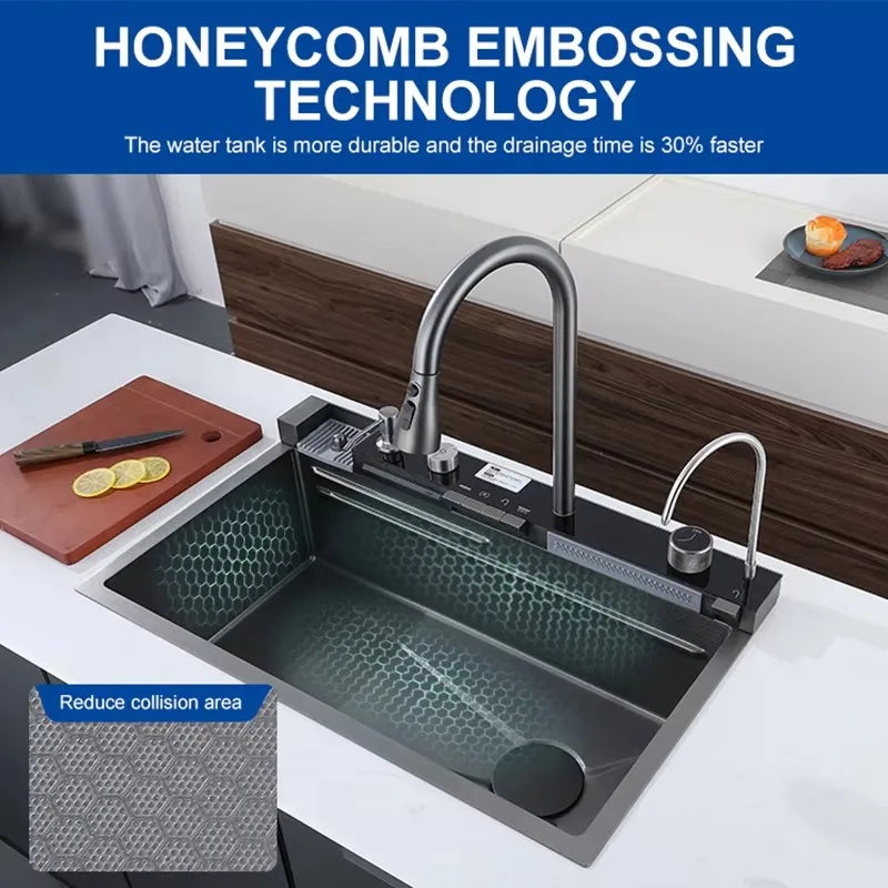 Light Emitting Diode Digital Nano Handmade Modern Single Slot Stainless Steel Waterfall Multifunctional Smart Kitchen Sink
