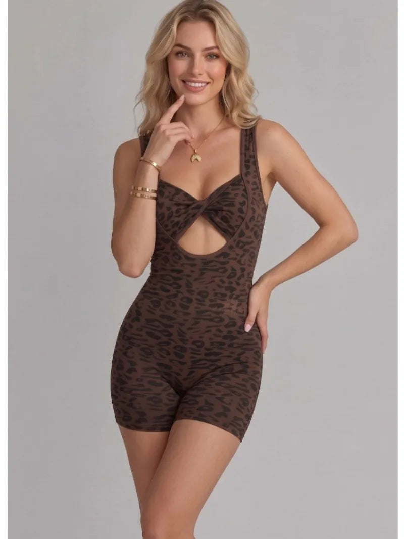 Woman Clothes Trend Leopard Jumpsuits Rompers Sportwear Sexy Sleeveless Fitness Gym Overalls Female Hollow Out Backless Bodysuit