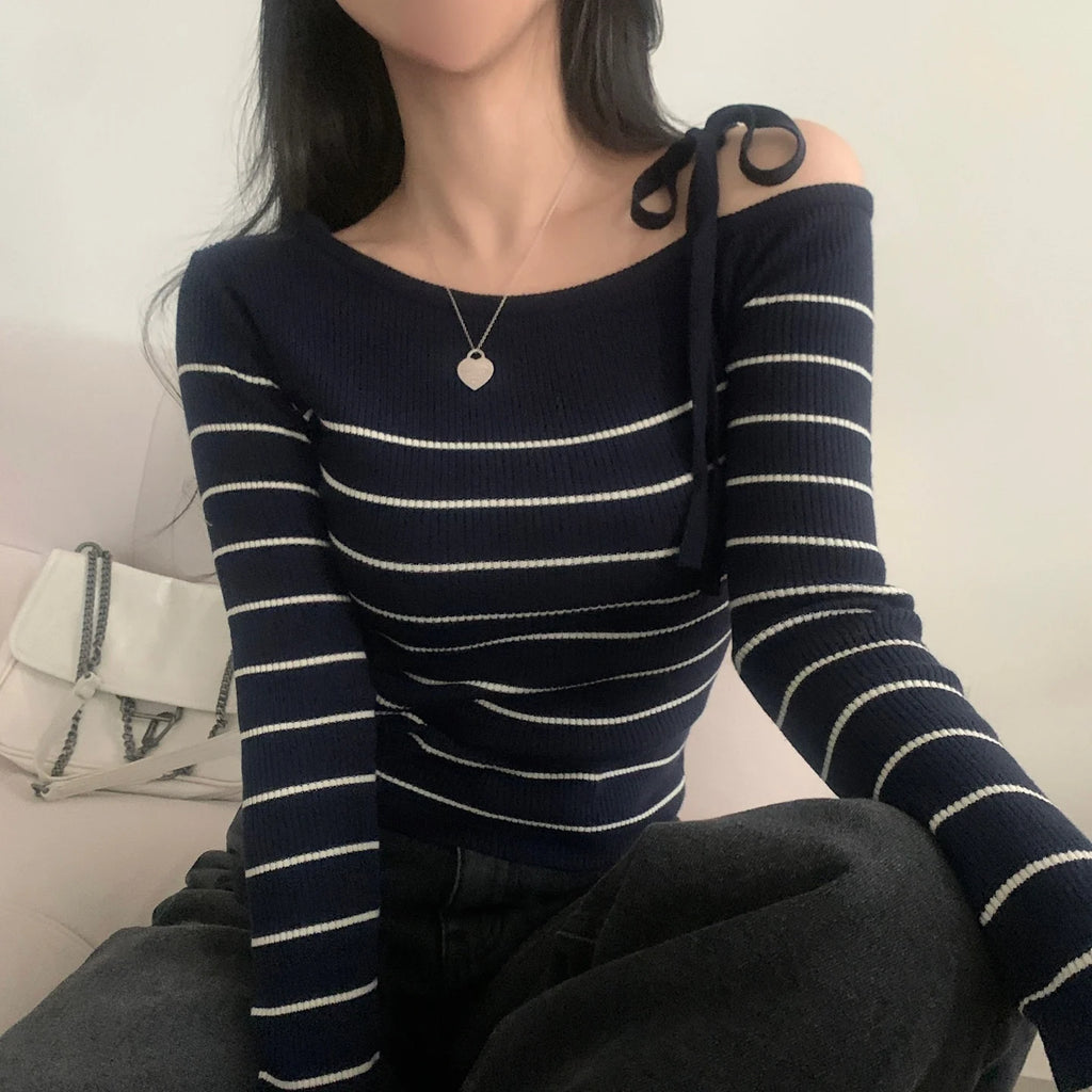 2026 New Women's Elegant Off-Shoulder Sweater T-Shirt Black White Striped with Adjustable Lace-Up Fall Winter Casual Chic Top