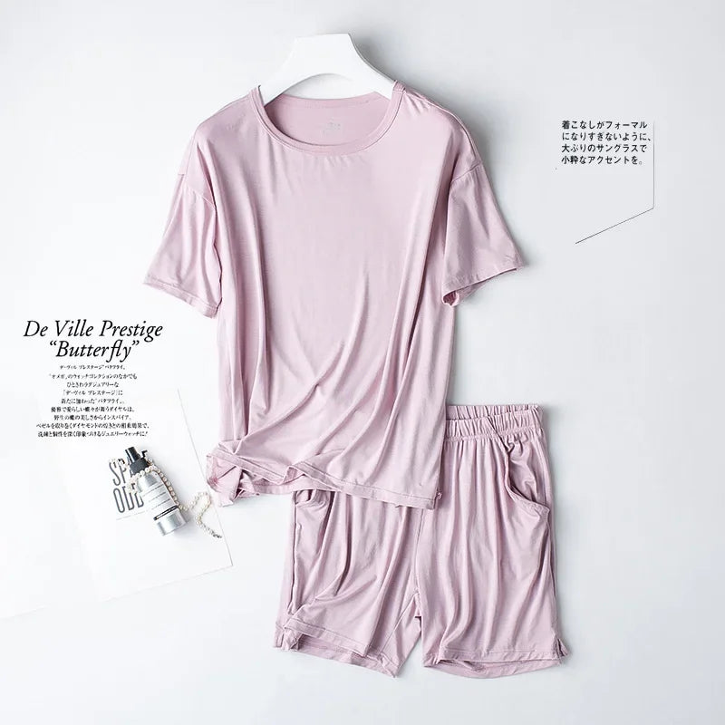 2026 Summer New Pajama Set Women's Modal Short Sleeve Shorts Two Piece Set Ladies Solid Loose Large T-shirt Homewear Women Shirt