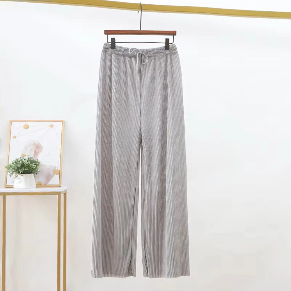 Women Fashion Summer Wide Leg Pants Pleated Ice Silk Trousers Elastic Waist Loose Casual Classic Base Girls Gifts Wear Pants