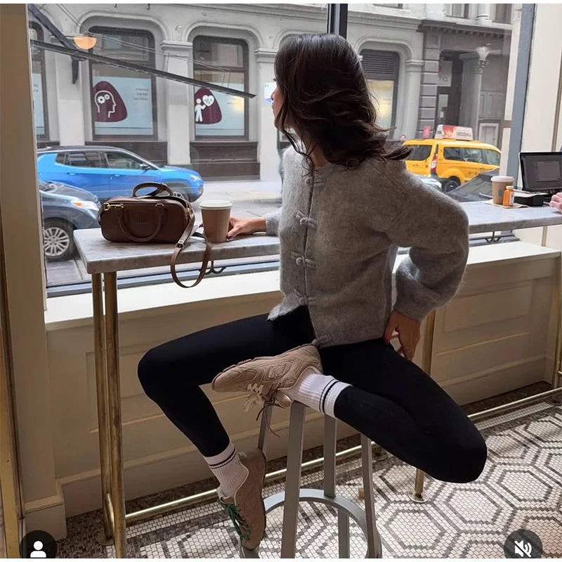 Elegant Knitted Print Women's Cardigan Loose Full Sleeve Stand Collar Zipper Sweaters Female 2026 Autumn Outwear Pockets Lady