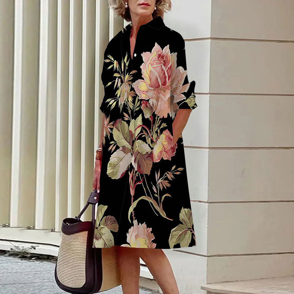 Spring and Summer Women's Dresses Fashion Lapel Printed Long Sleeve Shirt Street Shooting High Temperament New Traveling Gowns