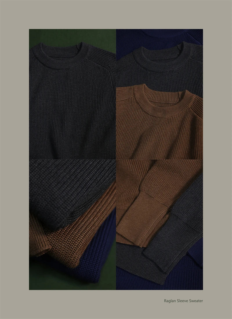 Classic Raglan Sleeve Crewneck Sweater Vintage Style Men's Wool Blend Knitted Pullover Jumper Thick