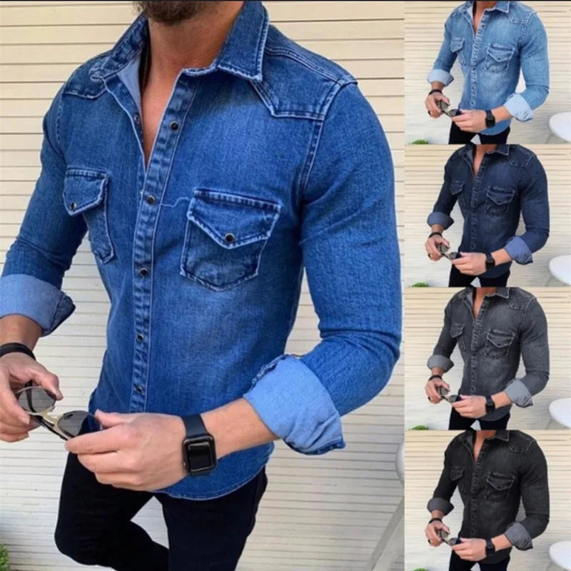 Denim Shirt Men Long Sleeve Washed Spring Summer Jean Tops