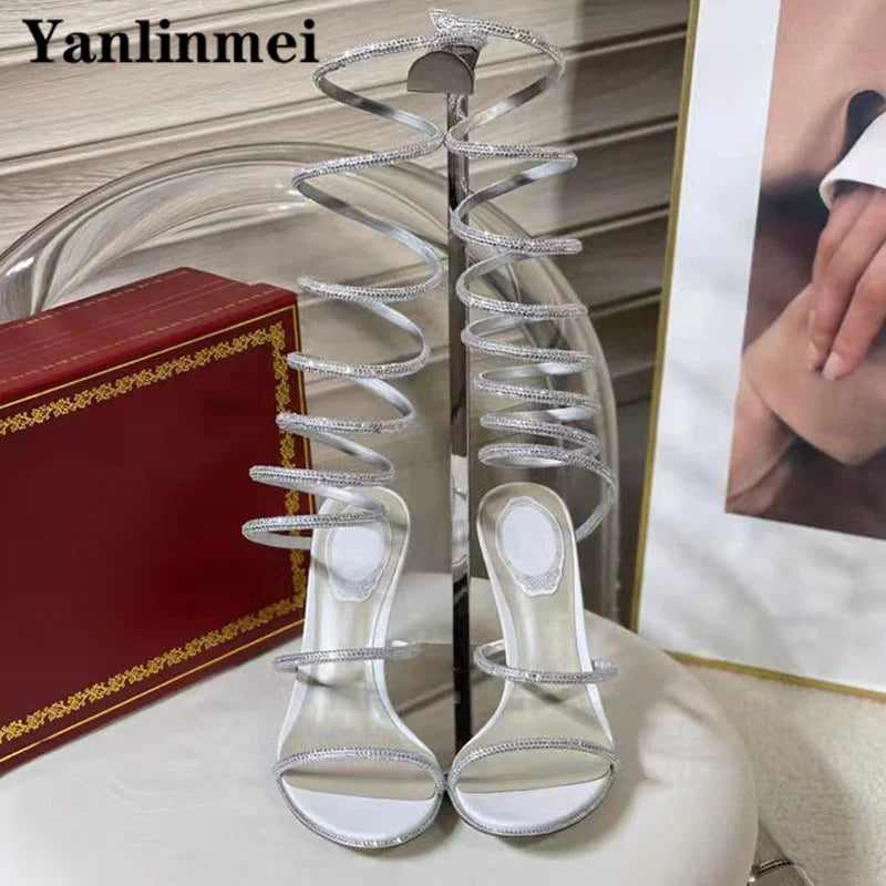 New Runway High Heels Sandals Women Crystal Decoration Ankle Strap Stiletto Shoes Woman Narrow Strap Gladiator Sandals Woman