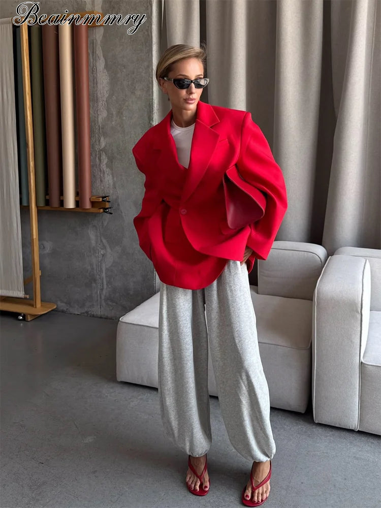 Women Red Fashion Blazer Jacket Lapel Collar Single Button Long Sleeve Loose Casual Coats Oversized Autumn Winter Street Outwear