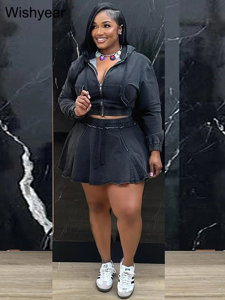 Vintage Wash Denim 2 Piece Sets Women Long Sleeve Hooded Crop Top and Pleated Skirts Suits Streetwear Matching Jeans Outfit 2025