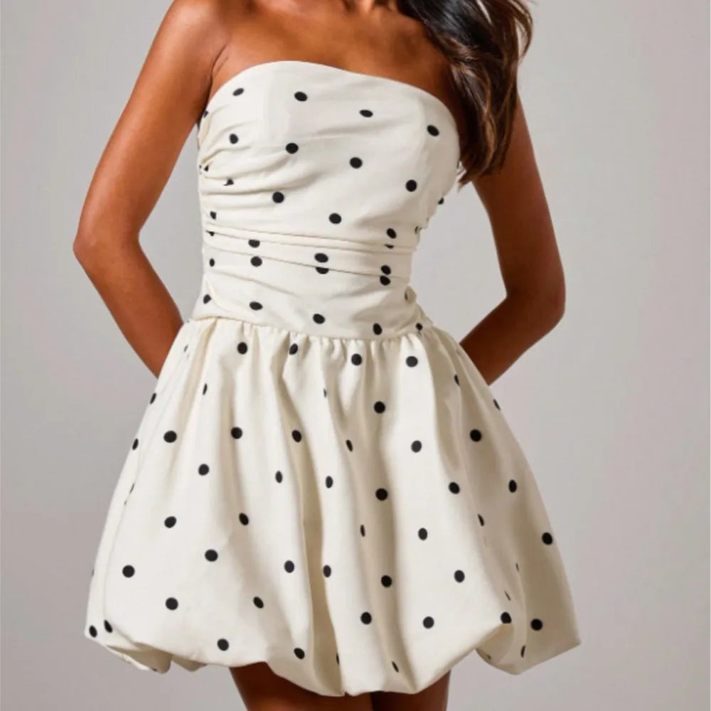 Polka Dot Print Tube Top Dress Summer Women's New Casual Loose Sexy Sleeveless Short Puffy Dress Vestidos De Fiesta Elegantes
