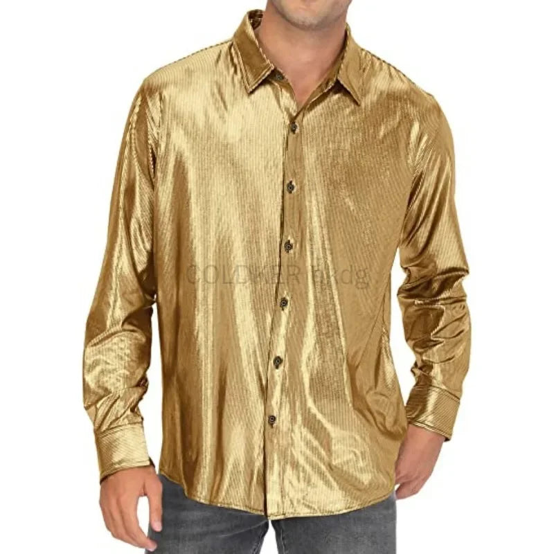 Metallic Shiny Polyester Dress Shirts for Men Black Solid Gold Red Silver Long Sleeve Turn Down Collar Prom Disco Men's Shirt