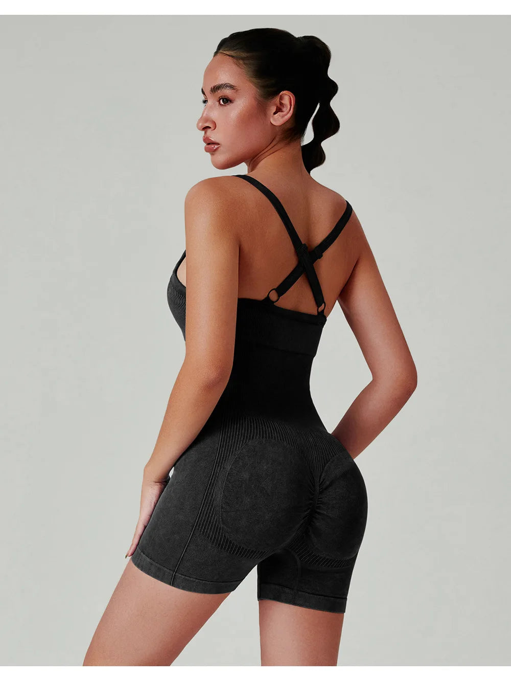 Seamless Shorts Gym Set Women Jumpsuit Yoga Set Water-washed 1pc Summer Workout Suit Bodysuit Fitness Push Up Short Sport Set