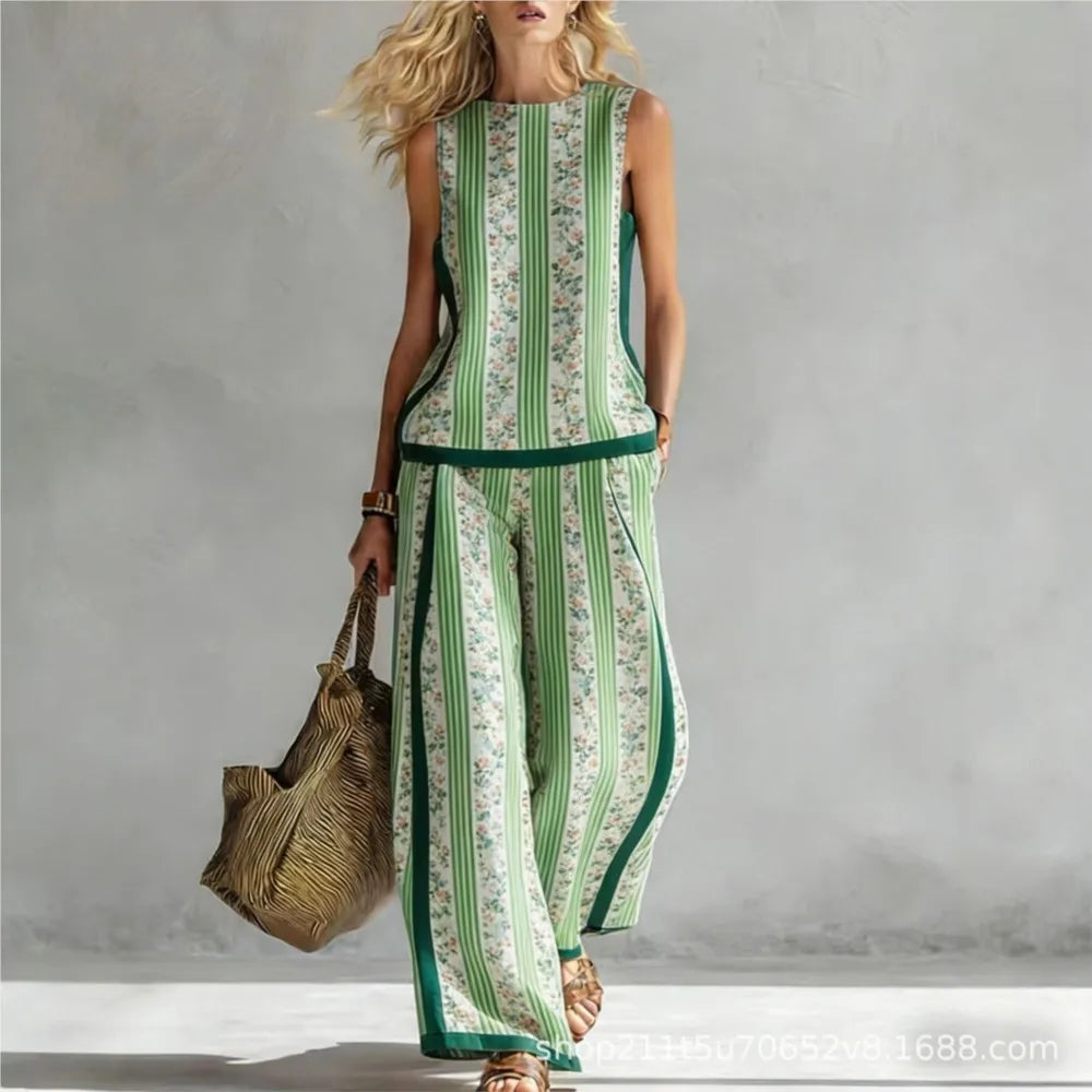 Fashion Retro Printed Sleeveless Tops Trousers 2-piece Set Women's Summer Casual Vest Loose Wide Leg Trousers Female Suit Pocket