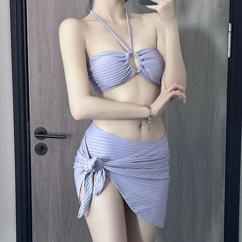 Women's New Purple Bikini Tee-piece Skirt Sle Hanging Ne Swimwear Small Chest Belly Cover Sexy Vaion Hot Spring