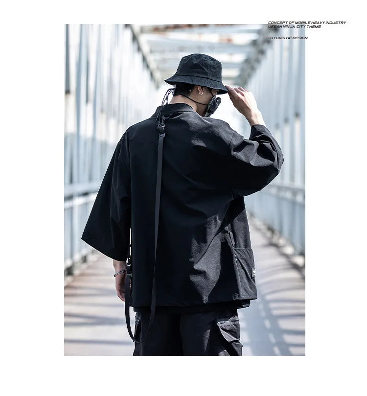 2023 Ribbon Hip Hop Punk Techwear Kimono Oversized Shirts Mens Japan Style Harajuku Casual Cargo Shirt Cloak