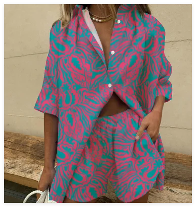 Women Summer Fashion Shorts Sets Retro Print Sleeve Shirt Shorts Suit New Casual Loose Female Beach Vacation Shorts 2 Piece Set