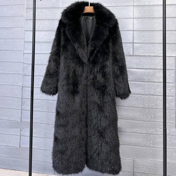 Long Faux Fur Coat Women Autumn Winter Large Jacket Overcoat White Turn Down Collar Pockets Thick Coat Warm Jackets Maxi Coats