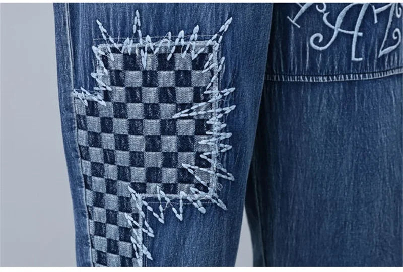 2026 Summer Women Embroidered Mosaic Lattice Denim Two-Piece Suit Fashion Sportswear Female Casual Loose 2 Piece Set Ladies