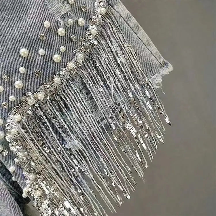 Women High-Waisted Rhinestone Pearl Fringe Denim Shorts Light Wash Distressed Design with Sparkly Belt Tassel Trim Shorts
