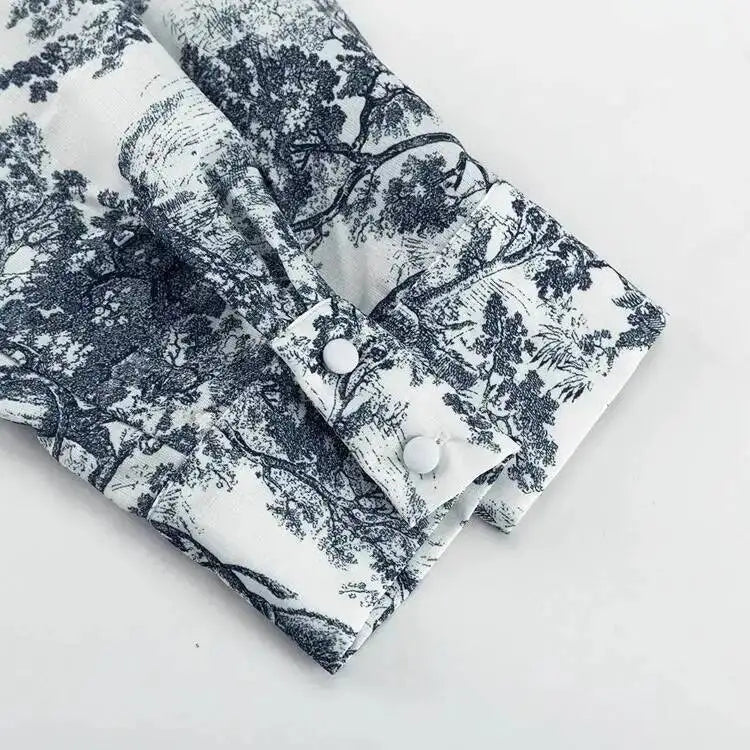 Retro Ink Shirt Three-piece Shorts Suit Women's Summer Casual Long Sleeve Button Print Fashion Shirt With Shorts Suit BX98