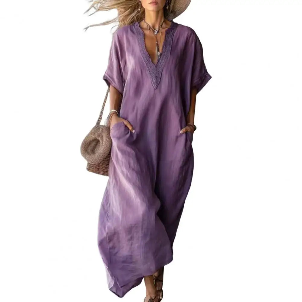 Elegant Casual Dress Women Flowy Pleated Dress Trendy Solid Dress Summer Maxi Dresses V Neck Long Sundress Short Stylish Dressse