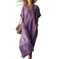 Elegant Casual Dress Women Flowy Pleated Dress Trendy Solid Dress Summer Maxi Dresses V Neck Long Sundress Short Stylish Dressse